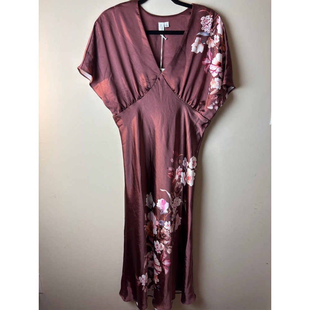 Womens Medium Joie Satin Maxi Dress Burgundy Red V-Neck Floral Elegant Romantic